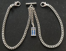 Double Albert pocket watch chain with a Dr Who Tardis fob,silver colour