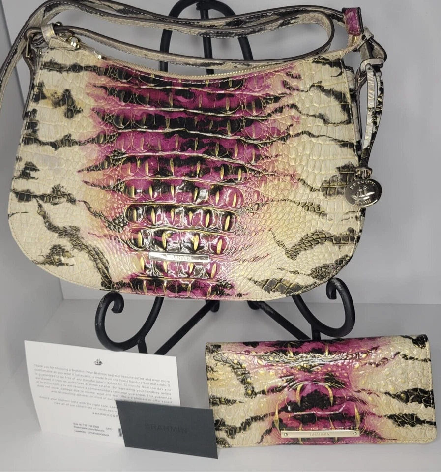 CONJUNTO BRAHMIN SHAYNA STARLET OMBRE CREMA NEGRO CIRUELA ANIMAL PRINT BOLSO + CARTERA
