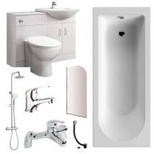 Modern White Complete Vanity Bathroom Suite with Taps, Screen, Shower & Waste