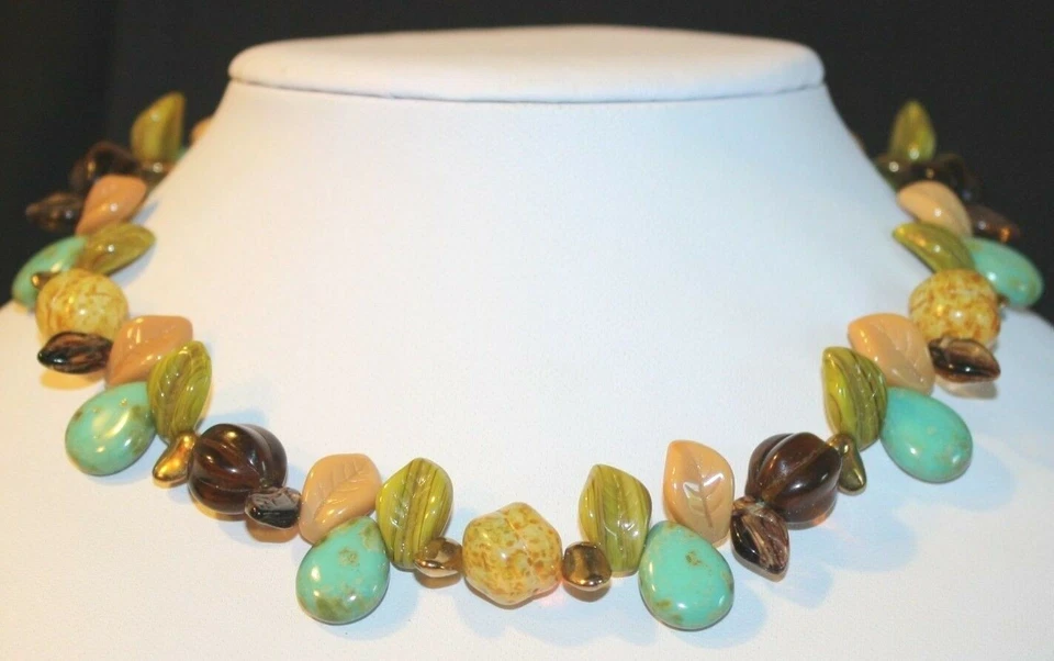 BEAUTIFUL STERLING SILVER LEAF GLASS & TURQUOISE NECKLACE FALL COLORS BROWN TAN - Image 3 of 4