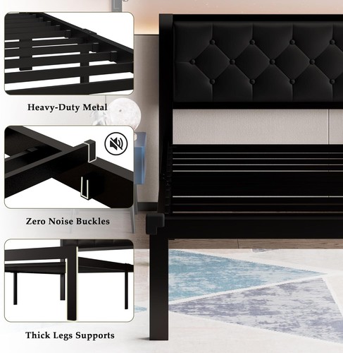 Twin Size Metal Bed Frame with Faux Leather Button Tufted Headboard Heavy-Duty - Picture 5 of 7