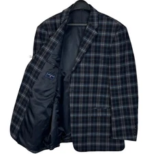 Saddlebred 44R Cotton Navy Blue Plaid Blazer Sport Coat Suit Jacket 2 Button