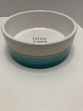 Pet Shop Ceramic Cat Bowl Aqua w/ Gold Trim  5"x2"