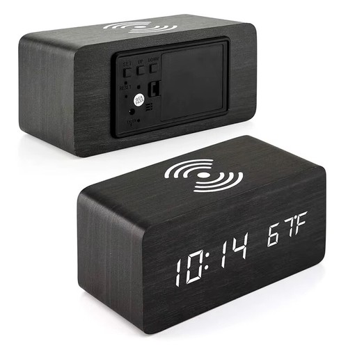 Sveglia da comodino digitale in legno LED Qi ricarica wireless batteria USB 3 sveglia - Foto 9 di 10