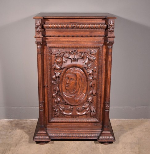 French Antique Solid Oak Wood Cabinet with Highly Carved Virgin Mary Door - Picture 2 of 16