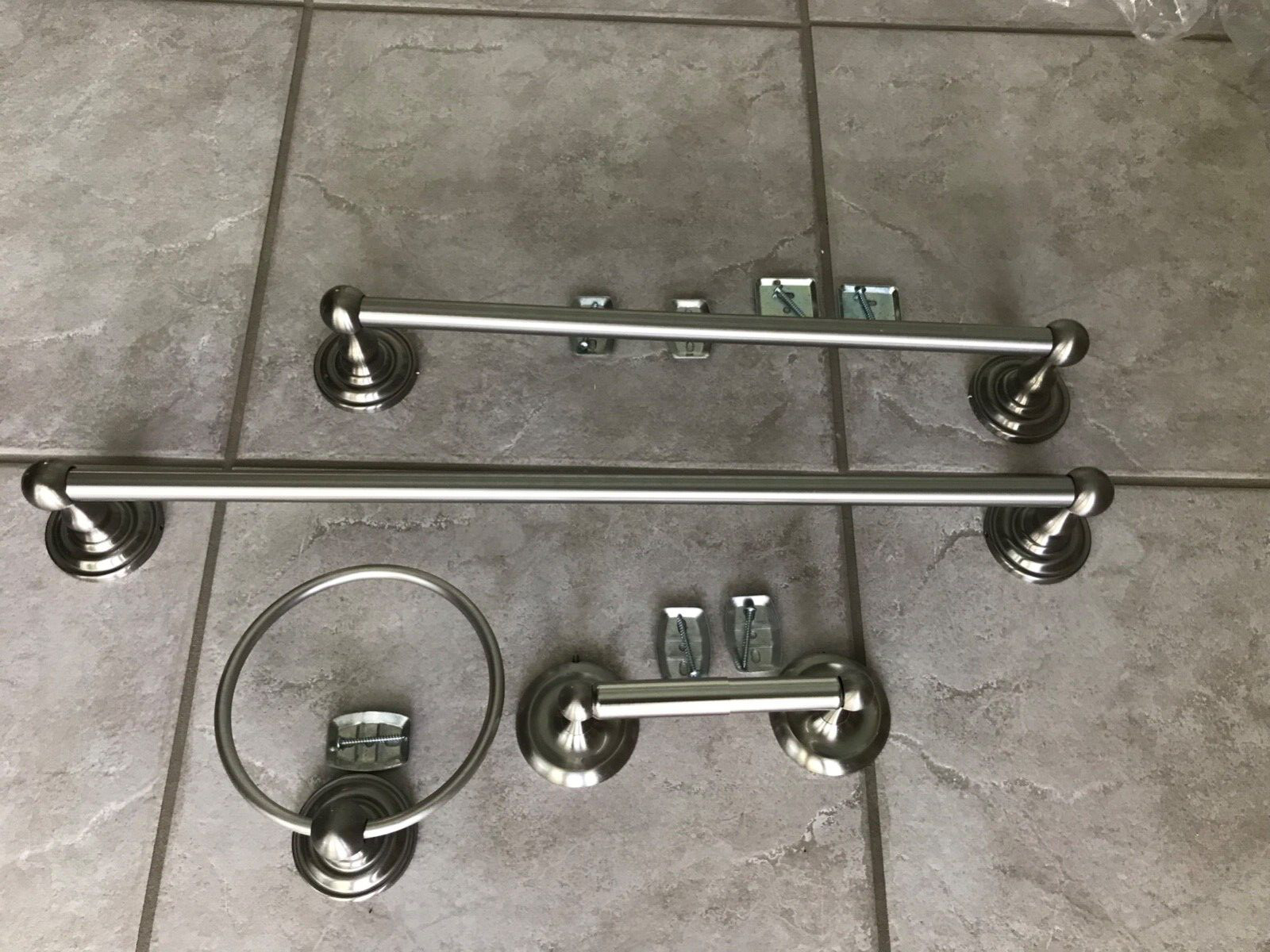 Four  Piece  Brushed Nickel 24" & 18"  Bath Towel Bars Plus Ring & TP Holder Set
