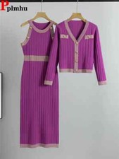 2 Piece Sets Women O-neck Sleeveless Dress Conjuntos Cardigan Tops Outfit