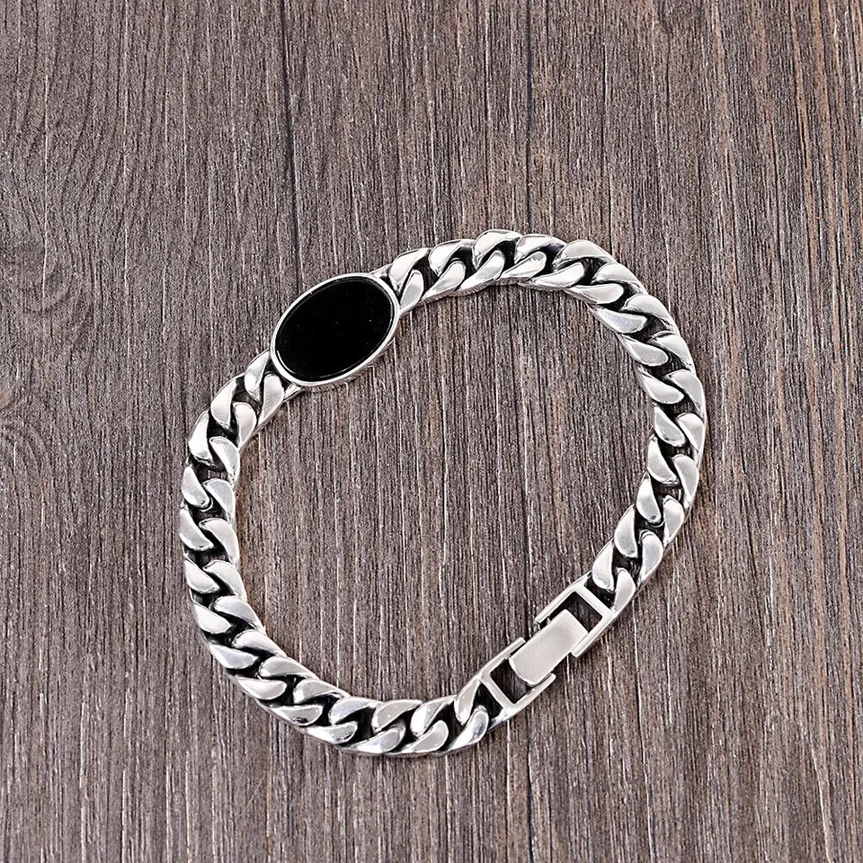 Brazalete de eslabones cubanos Miami ágata negra 925 maciza real 7,9" Foto 4 de 4