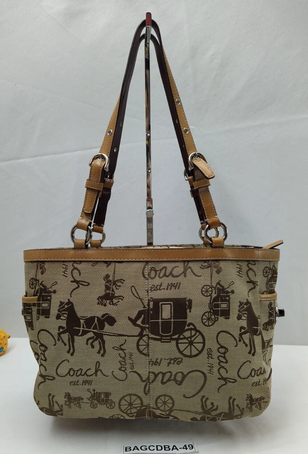 Borsa Coach cavallo e carrozza marrone tela bordo pelle chiusura cerniera tote bag