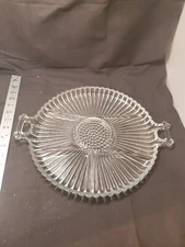 VINTAGE Jeanette CLEAR GLASS ROUND TWO HANDLE RIBBED RELISH TRAY