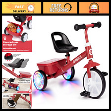 Toddler Tricycle for Ages 2-5, LED Light Wheels, 3-Position Seat, Rear Basket, K