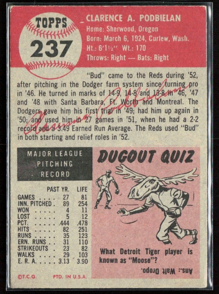 Clarence Podbielan 1953 Topps #237 Cincinnati Reds - Image 2 of 3