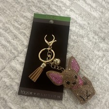 Goldtone Brown Pink Puppy Key Chain Handbag Accessory Charm Bling Glitz Girly