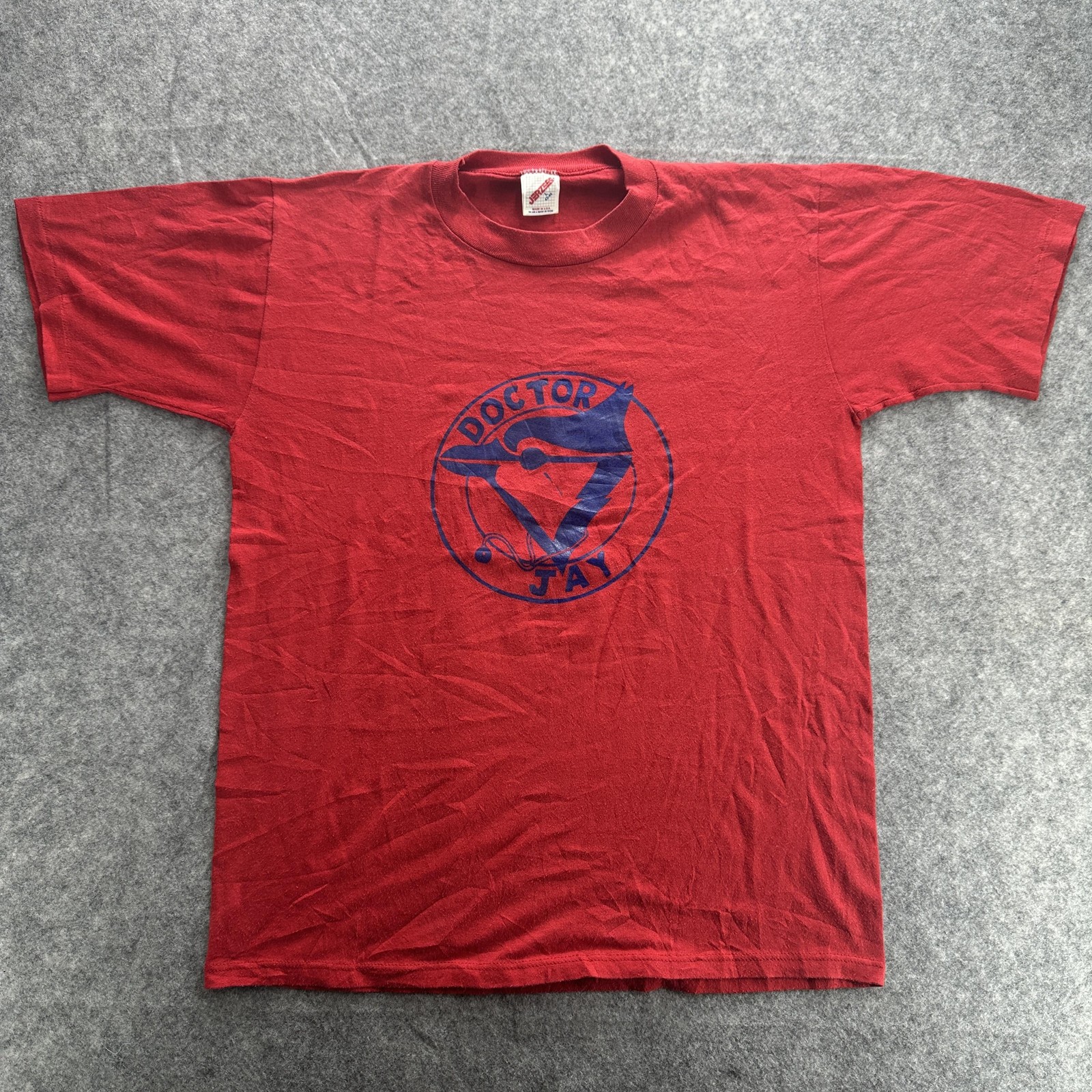 Vintage Doctor Jay Shirt Mens Large Red Blue Bird Graphic Jerzees Made USA 80s