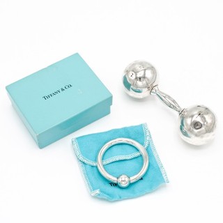 Tiffany & Co. Sterling Barbell Ring Baby Rattle Set W/ Box Lot of 2 #S5493 1