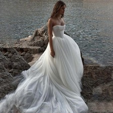 Customized Simple Tulle A-Line Wedding Dresses Strapless Ruched Hollow Out