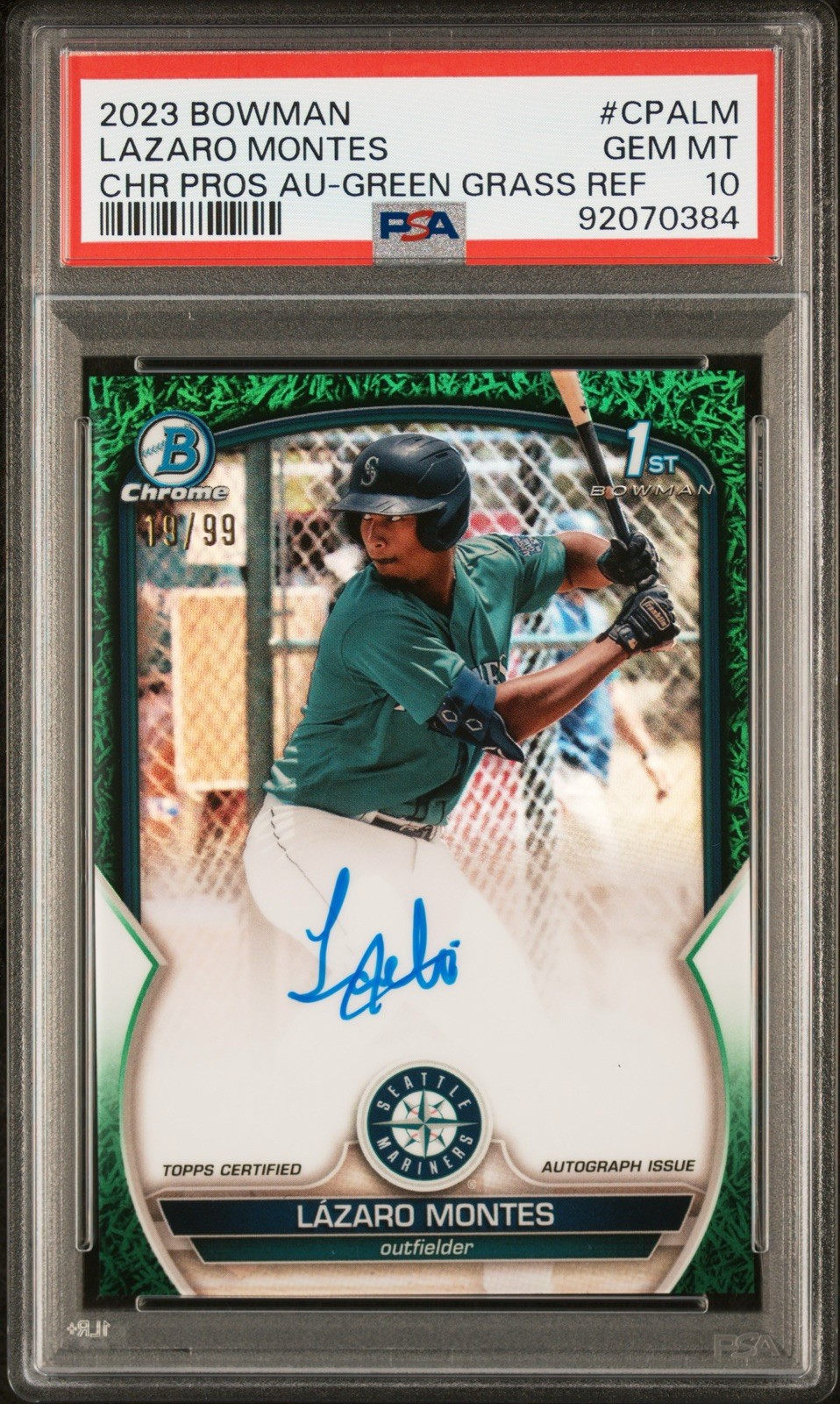 2023 Bowman Lazaro Montes 1st Chrome props Auto Green Grass Refractor 99 PSA 10
