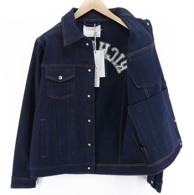 John Richmond Men's Jacket ~M Denim Trucker Polo Collar Button Dark Blue Logo