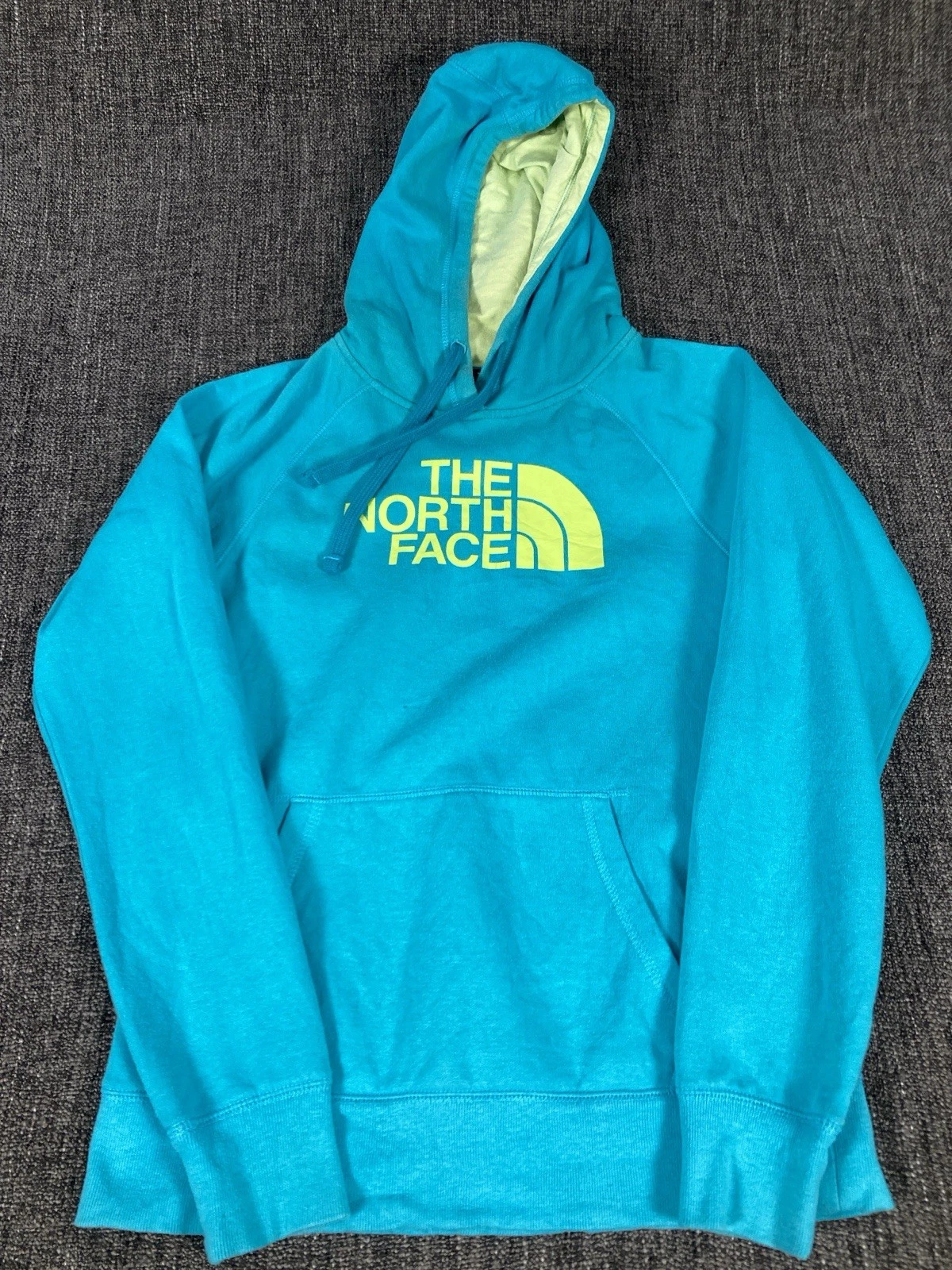 The North Face Womens Blue Hoodie M Medium Pullover Turquoise Yellow Logo SP16