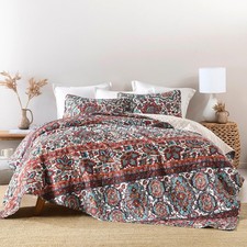 Boho Quilt King Size, Reversible Bohemian Style Twill Strip Floral Quilt Bedd...