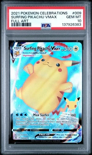 PSA 10 GEM MINT 2021 POKEMON CELEBRATIONS 009 FULL ART/SURFING PIKACHU VMAX