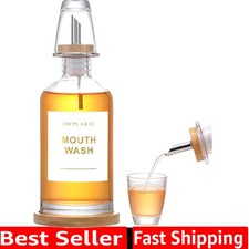 11.8OZ Glass Mouthwash Dispenser for Bathroom with Stainless Steel  Bamboo N...