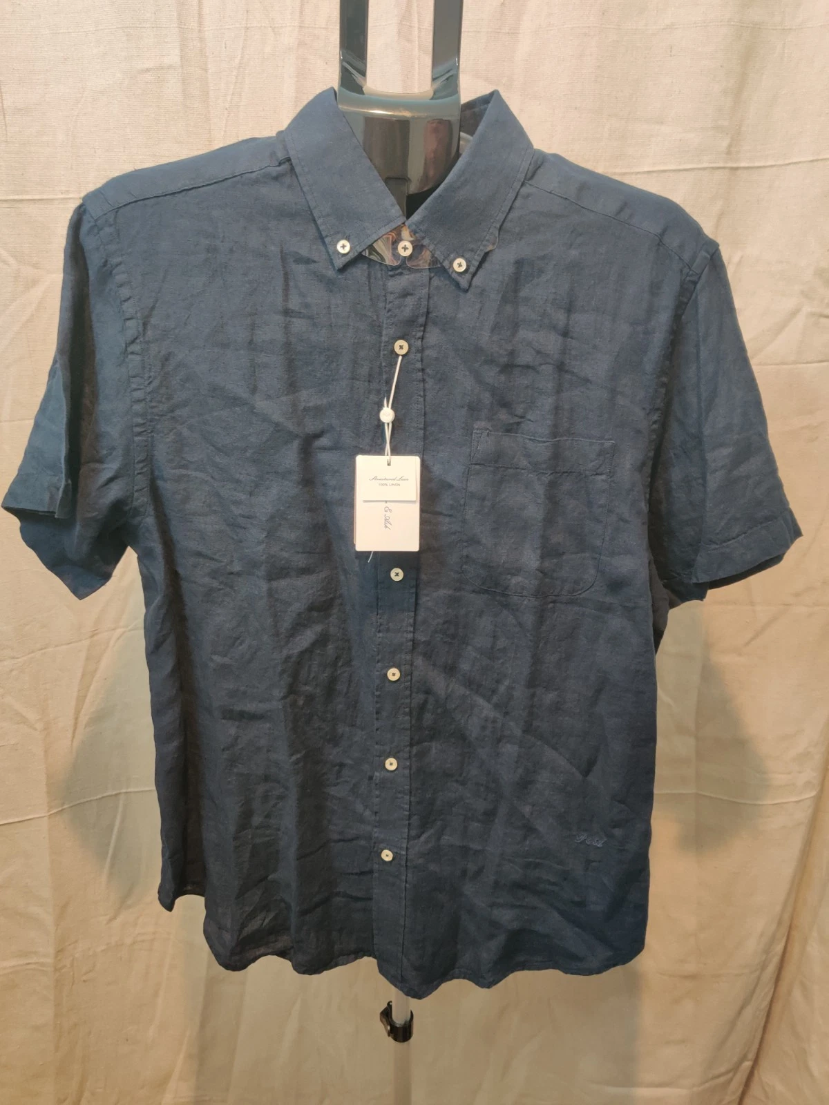 Porter & Ash Linen Shirt Men's Large Navy Short Sleeve Button Up Collared NWT