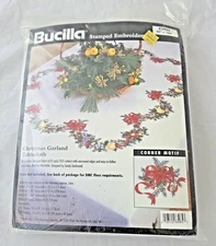 BUCILLA Stamped Embroidery Christmas Garland Tablecloth 60" X 104" 1998 READ