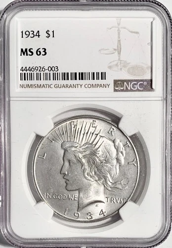 1934 Peace Silver Dollar NGC MS 63