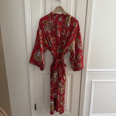 Natori Long Floral Robe Cherry Blossom Kimono Lingerie Pockets Size Large