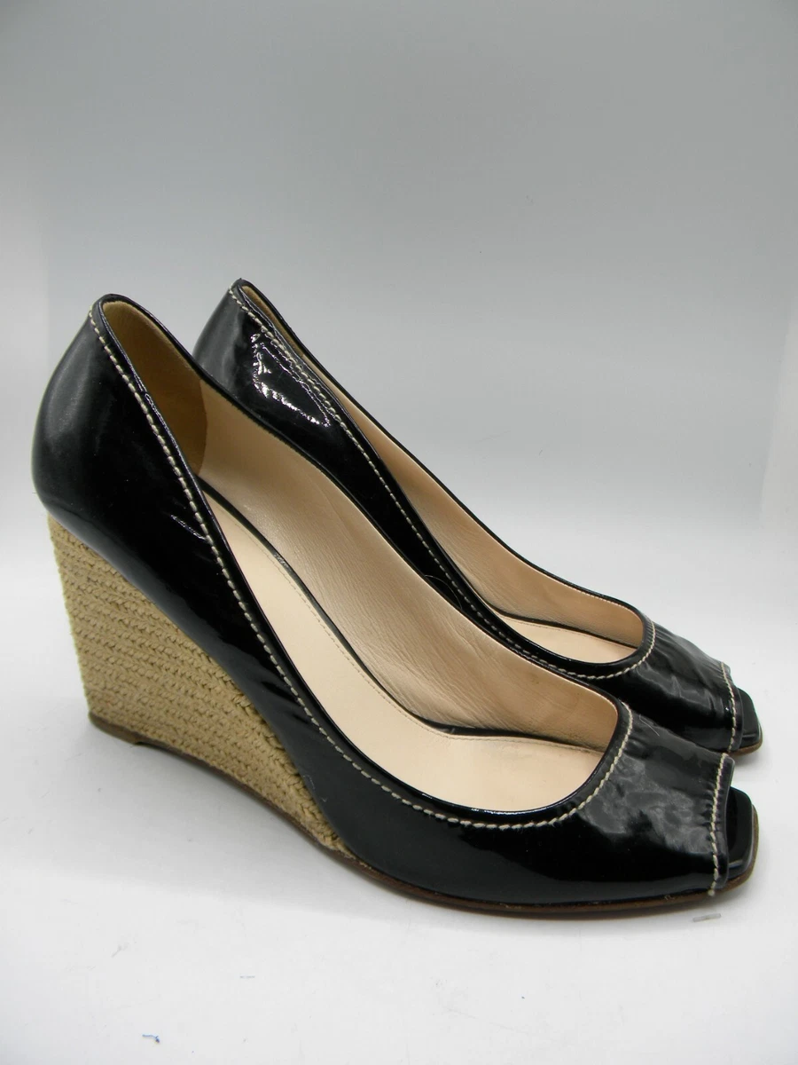 PRADA Black Patent Leather Peep Toe Espadrille Wedge Heel Pumps