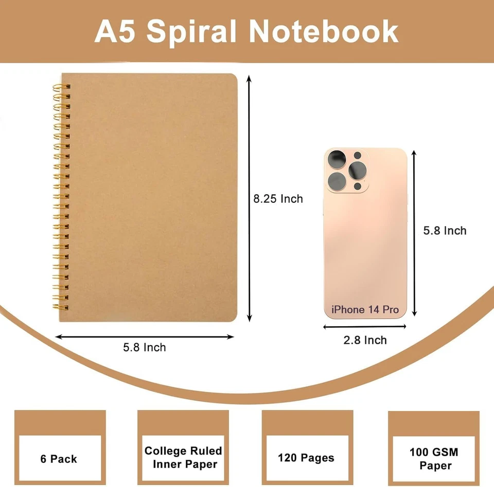 6 Pack Lined Notebooks Work School A5 Ruled Spiral Journals 60 Sheets/120 Pages - Image 4 of 4