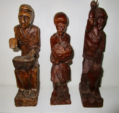 (3) African Hand Carved Wood Figures Tribal Folk Art with drums and ...