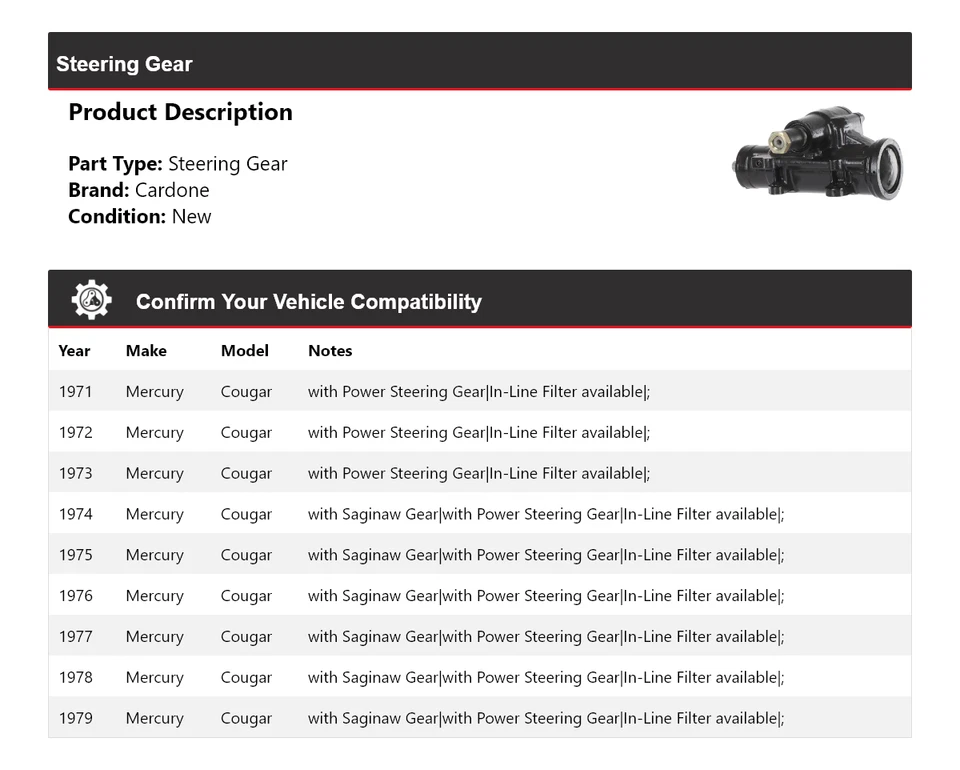 For 1971-1979 Mercury Cougar Steering Gear Cardone 1972 1973 1974 1975 1976 1977 - Image 2 of 4