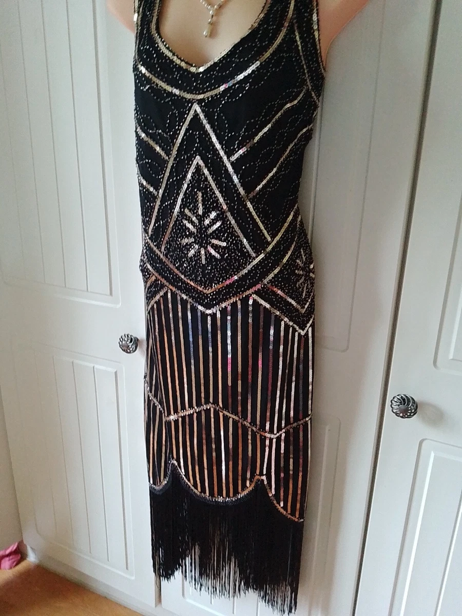 Black Gold Gatsby Style Fringe Sequined Flapper Dress Size 10 12