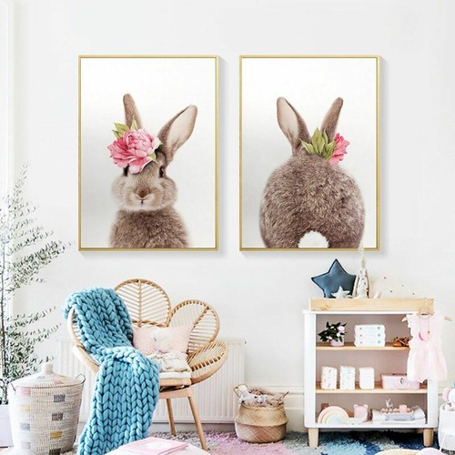 Carteles de pared para decoración del hogar de animales lienzo arte pintura lindos estampados de flores de conejo - Imagen 2 de 15