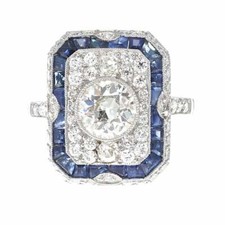 Art Deco Revival 1.13Carat Old European Cut White CZ  Blue Sapphire Silver Ring
