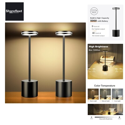 Pack of 2 LED Battery Table Lamps, Wireless, 5000 mAh Modern Dimmable Table L...
