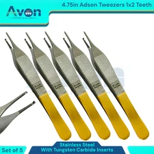 5pc - Adson Forceps with Tungsten Carbide Inserts, 1x2 Teeth, Straight, Premium