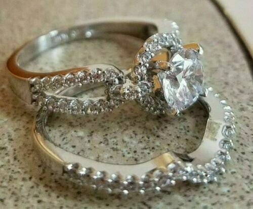 Lab-Created Round 2.70 Ct White Diamond Engagement Ring Set 925 Sterling Silver - Picture 2 of 4