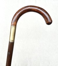 Vintage Antique 19C Wood Shaft Brass Mount Crook Handle Walking Stick Cane 36  L