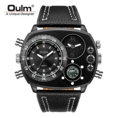 OULM Big Dial Watches Men's 2 Time Zone Sport Wristwatch with Compass Display