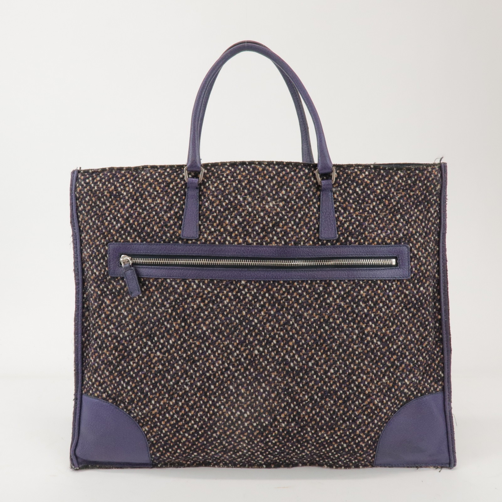 PRADA Triangle Logo Wool Leather Tote Bag Hand Bag Purple Authentic Used F/S image 2