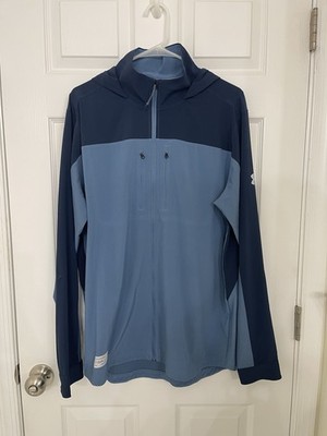 Men s Under Armour Large Fishing/Track Jacket Hooded Zip Up Two Blue Vented Back