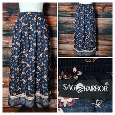 Sag Harbor Vintage Midi Skirt L Pleated Navy Blue Prairie Floral Rayon Pockets