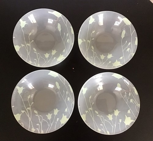 Arcoroc France Floral Green Frosted Glass Rice Cereal Bowls 6.5” Set Of 4 - Picture 1 of 6