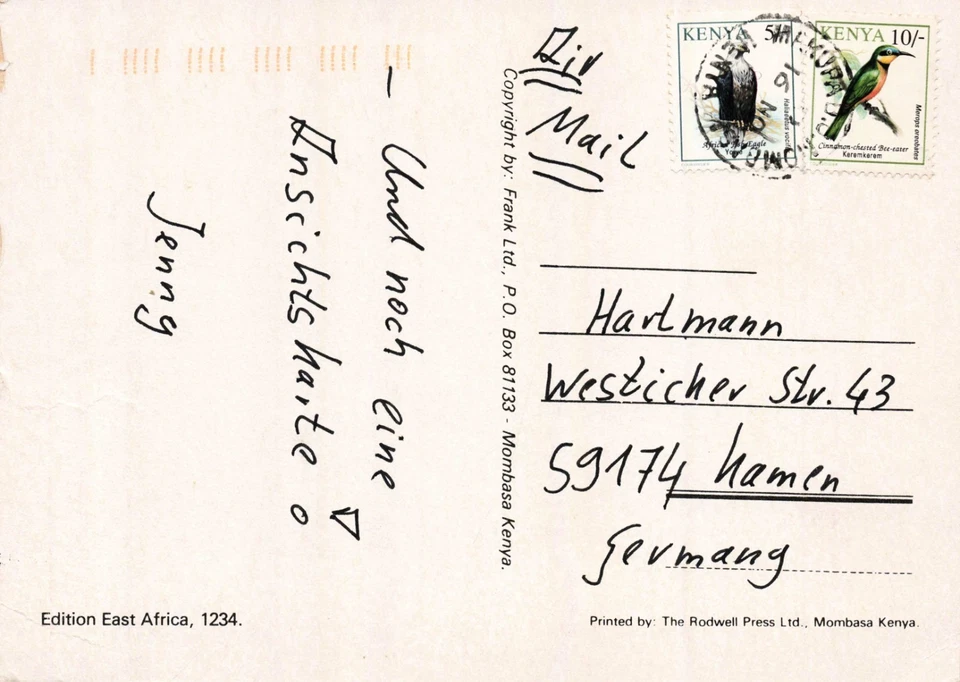 KENIA - Mombasa - Postkarte gelaufen 1994 - Bild 2 von 2