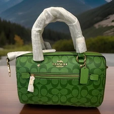 Coach Signature Rowan 83607 Canvas With Leather Trim Neon Green Bag