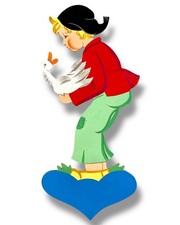 Vintage Märchen-Holzbild: Hans im Glück, 1960er Münchner-Kunst 27cm Figur Deko