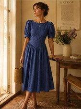 Laura Ashley Vintage Midi Dress Blue Roses Size 6 Puff Sleeves